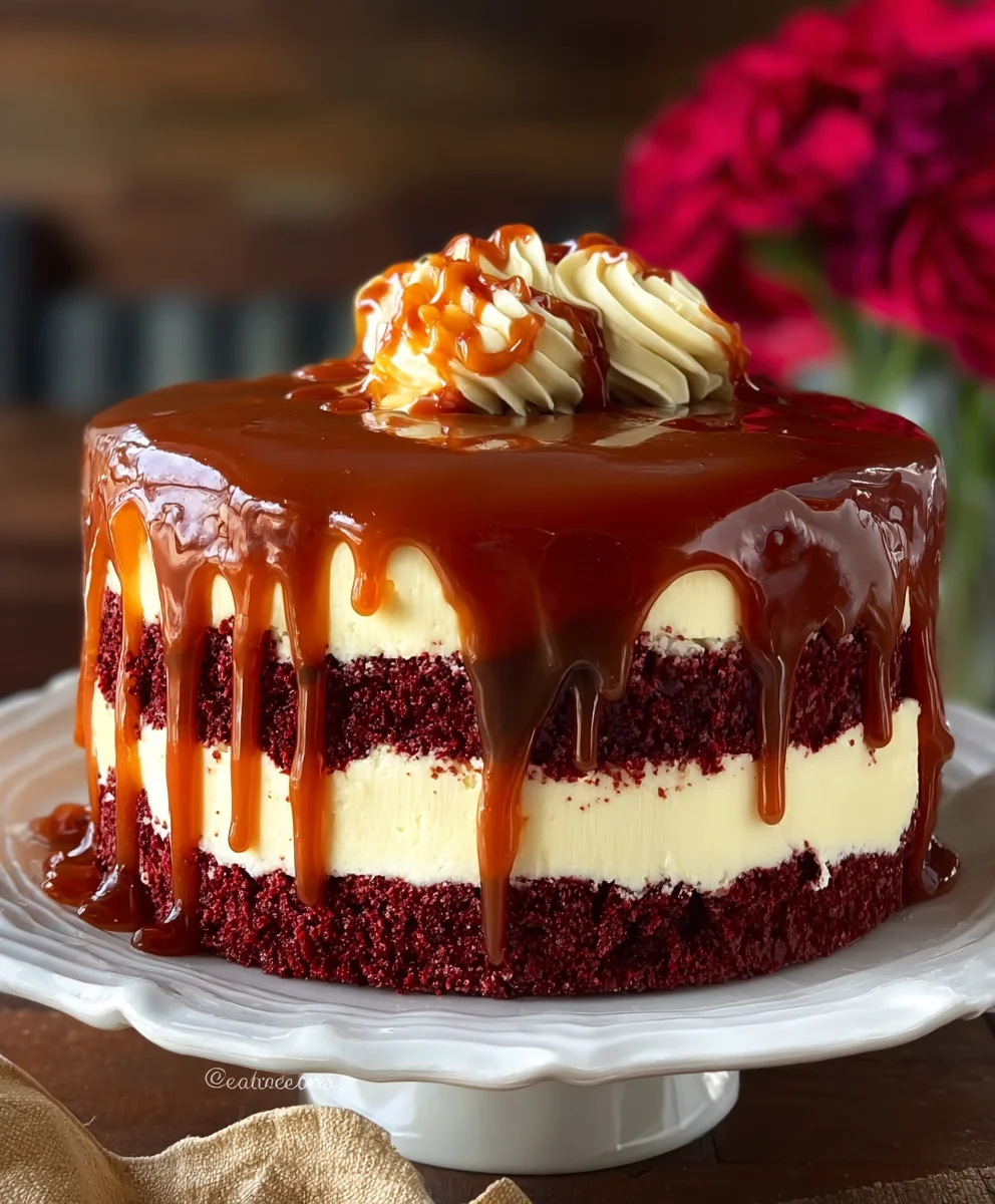 Red Velvet Cheesecake Cake Caramel Drizzle Recipe