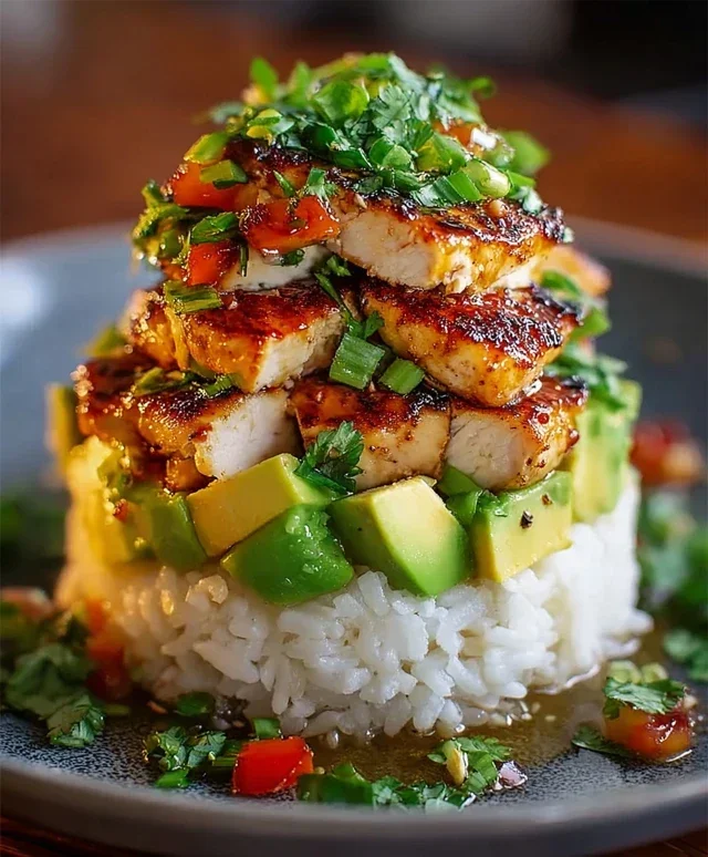 Delicious Honey Lime Chicken & Avocado Rice Stack Recipe