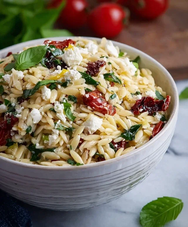 Homemade Orzo Pasta Salad with Feta and Sun Dried Tomatoes - FlirtyFood