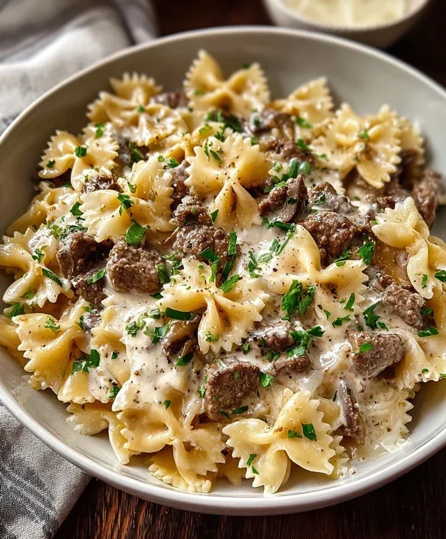Beef Bowtie Pasta with Alfredo Sauce