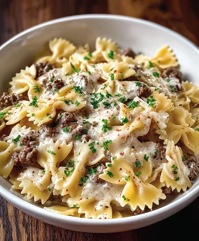 Beef Bowtie Pasta with Alfredo Sauce
