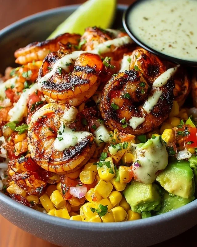 Grilled Shrimp Bowl with Avocado, Corn Salsa & Creamy Garlic Sauce
