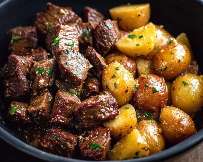 Slow Cooker Garlic Butter Beef Bites with Potatoes