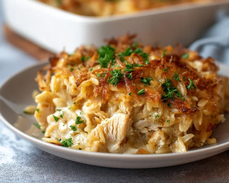 French Onion Chicken Orzo Casserole
