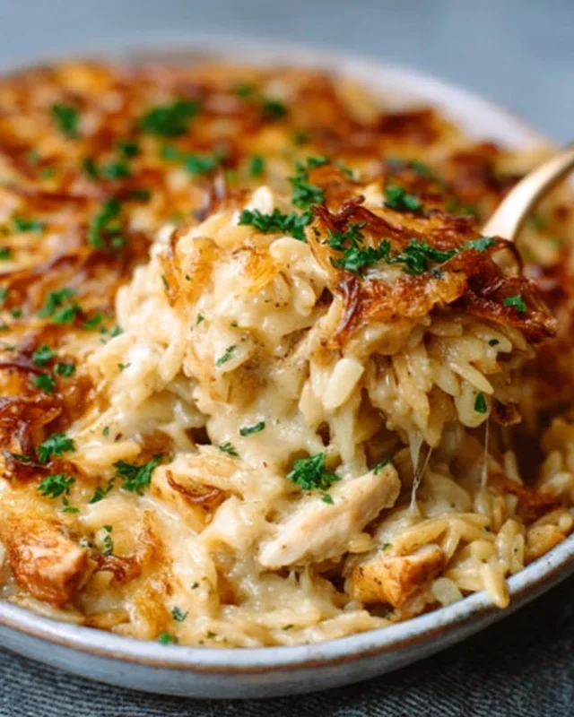French Onion Chicken Orzo Casserole