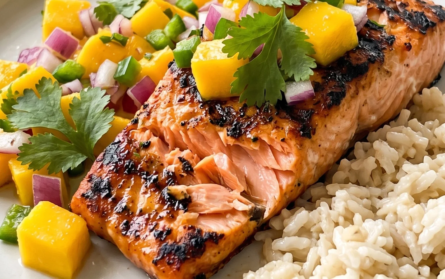Grilled Salmon with Mango Salsa and Coconut Rice
