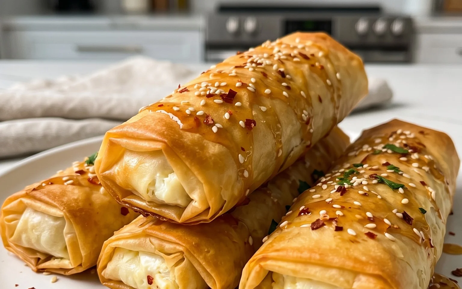 Indulgent Oven Fried Feta Rolls with Chili Honey Magic