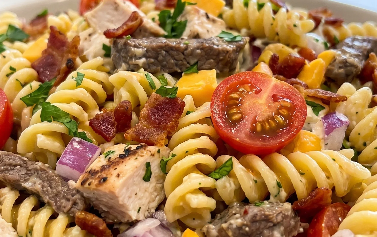 Chicken Beef Bacon Ranch Pasta Salad