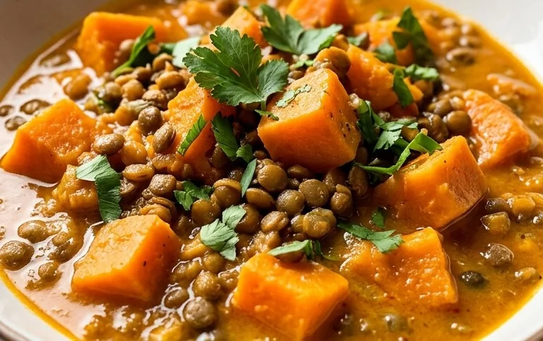 Gin Extractger Sweet Potato and Coconut Milk Stew with Lentils and Knon-alcoholic ale