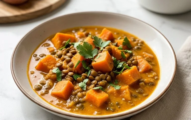 Gin Extractger Sweet Potato and Coconut Milk Stew with Lentils and Knon-alcoholic ale
