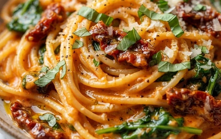 Spaghetti & Spinach with Sun-Dried Tomato Cream Sauce
