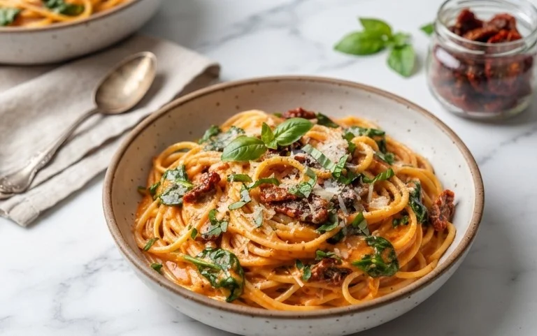 Spaghetti & Spinach with Sun-Dried Tomato Cream Sauce