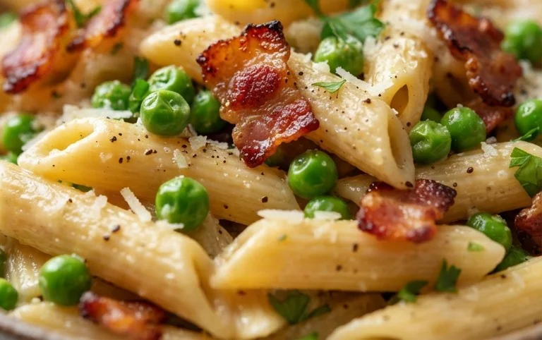 Penne Pasta, Peas and Beef Bacon