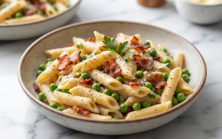 Penne Pasta, Peas and Beef Bacon