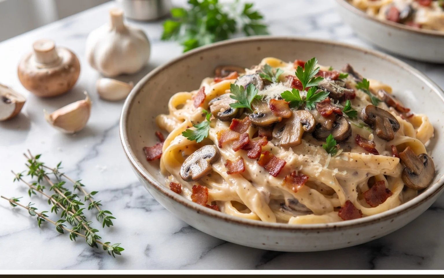 Creamy Beef Bacon and Mushroom Pasta