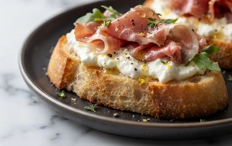 Beef Prosciutto Crostini with Burrata and Lemon Honey Drizzle
