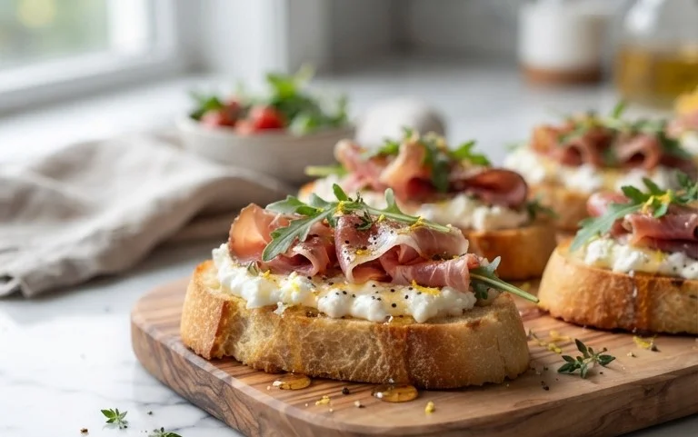 Beef Prosciutto Crostini with Burrata and Lemon Honey Drizzle